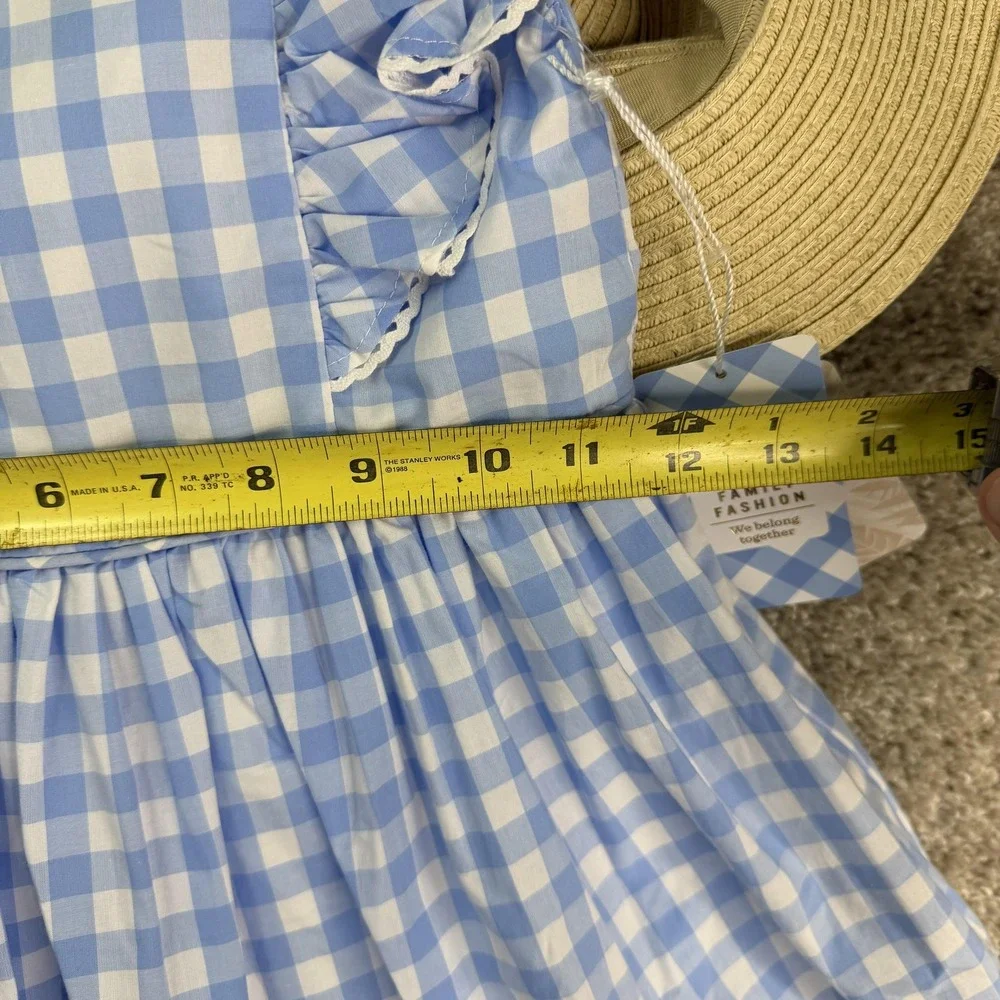 Tommy Bahama Dress Girls 7 Blue Gingham Sleeveless Ruffle Bow Hat Set Sundress